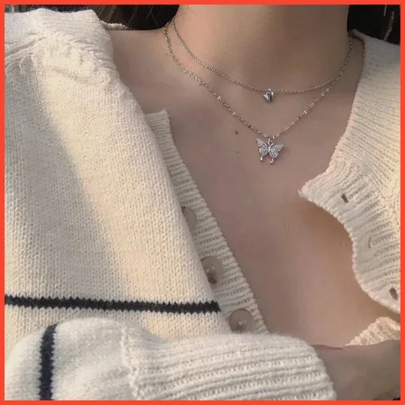 925 Hallmark Silver Butterfly Double Chain Necklace - Picture 2 of 4